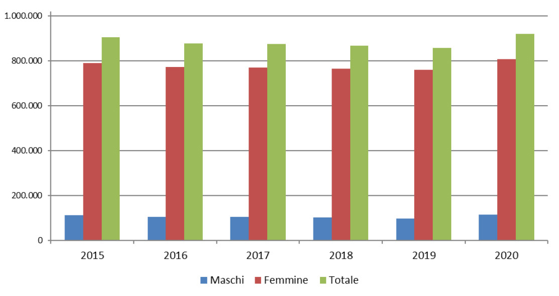 L'evoluzione: Il numero dei lavoratori domestici in Italia per anno e sesso 
