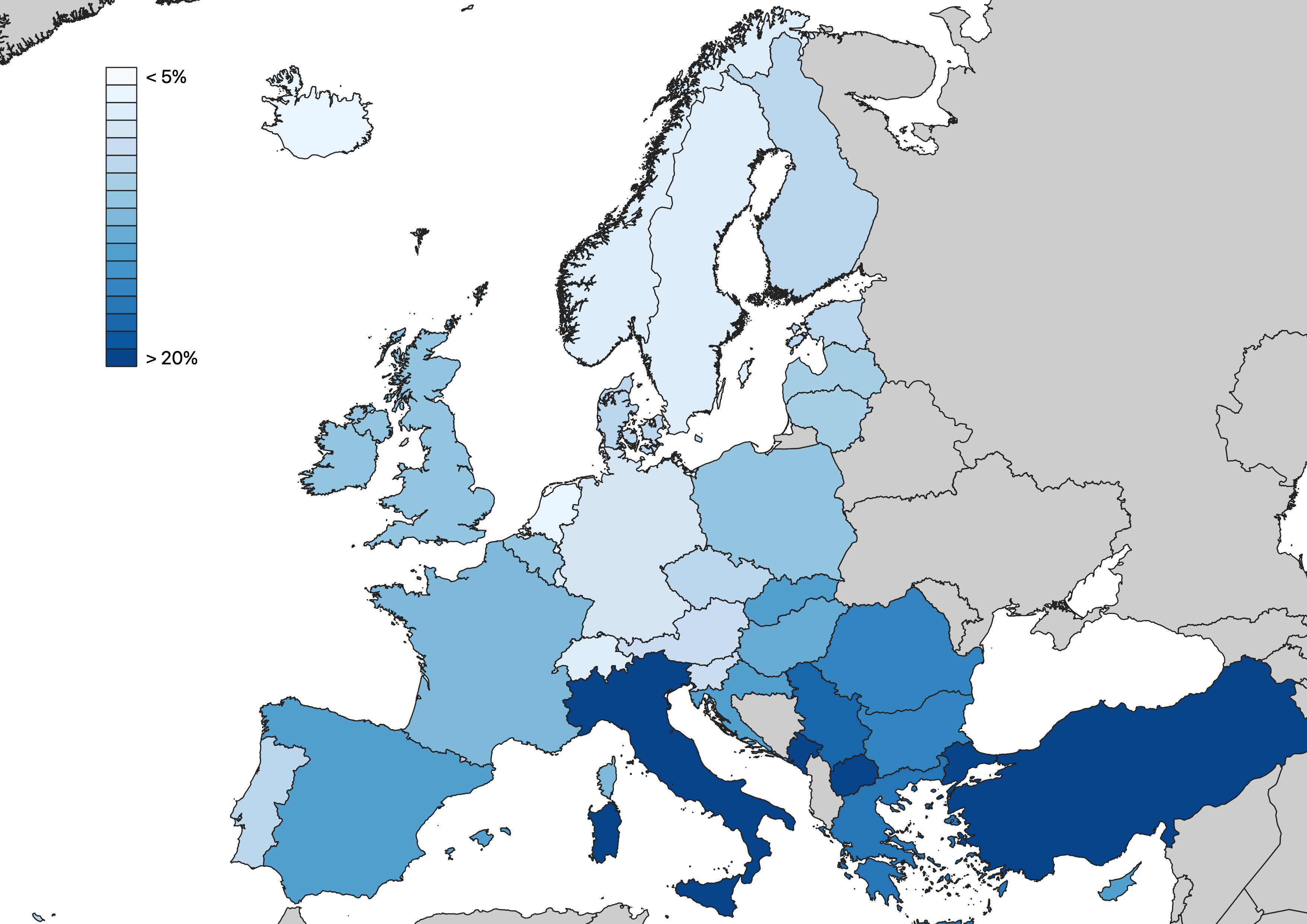 La mappa/1. Percentuale di non studenti e non-occupati 15-29 anni in Europa