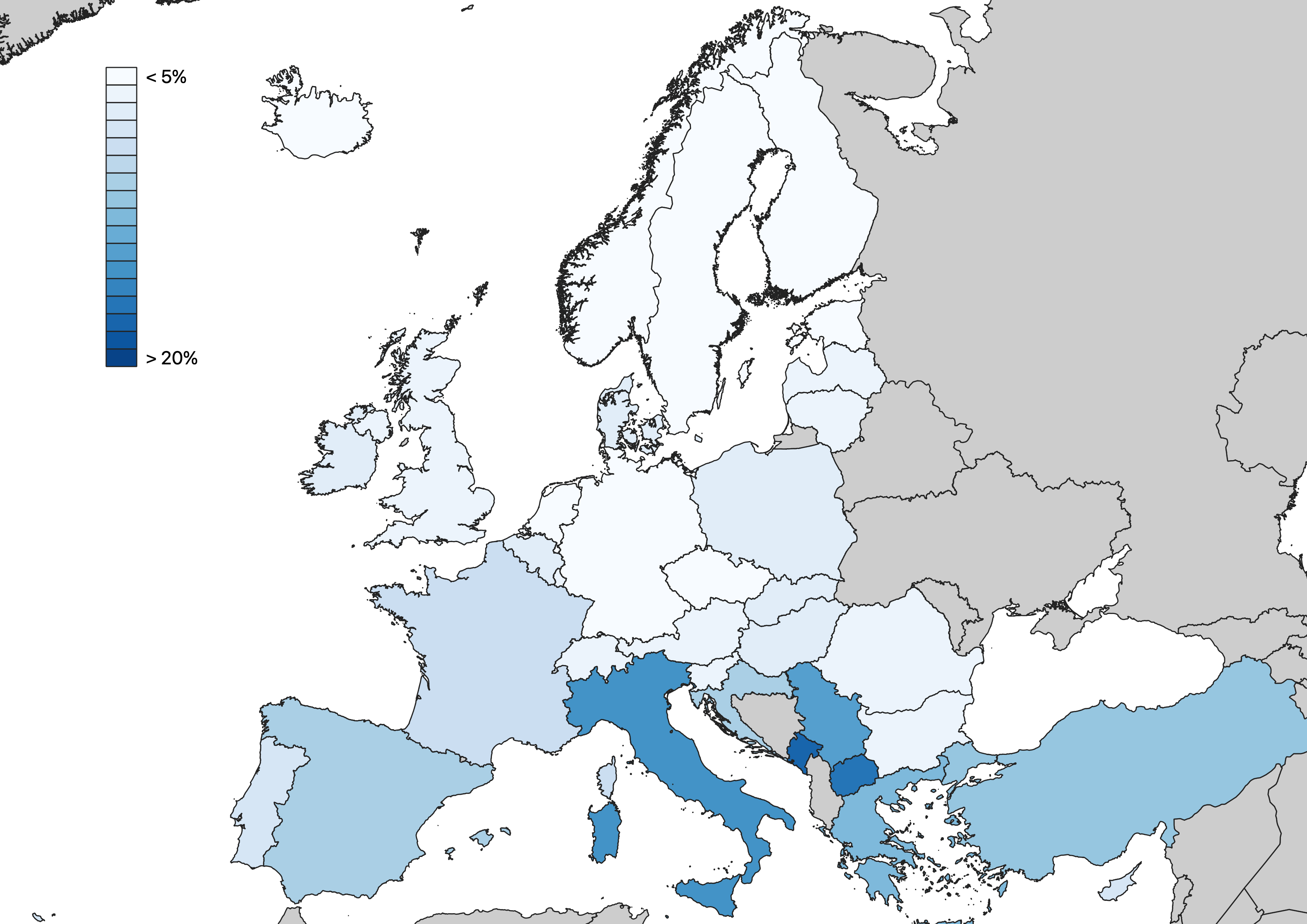 La mappa/4. La percentuale di non studenti e debolmente attivi 15-29 anni in Europa