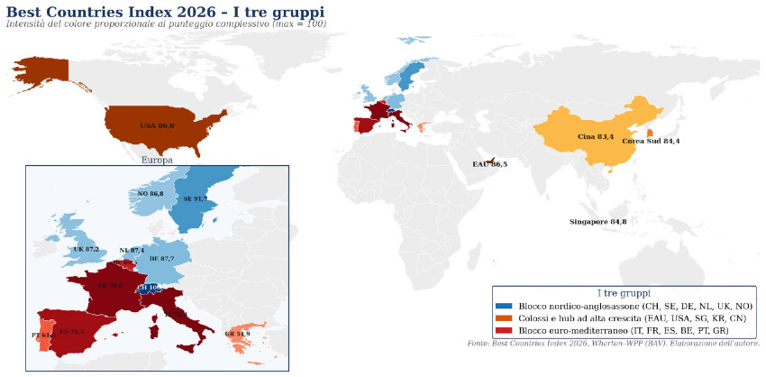 Blu: blocco nordico-anglosassone; ambra: colossi e hub ad alta crescita; rosso: blocco euro-mediterraneo. Intensità proporzionale al punteggio complessivo (massimo pari a 100). Fonte: Wharton–WPP (BAV), elaborazione dell’autore.